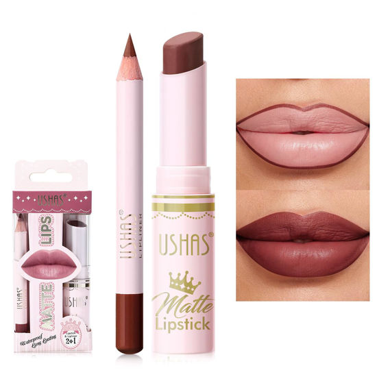 Picture of USHAS Lipstick and Lip Liner Combo Set 2 in 1 Waterproof Lipstick for Women Lip liner Set Long Lasting Lipstick, Matte Lipstick Pen with Lip Liner Set Makeup Kits (S7, Pack of 1)