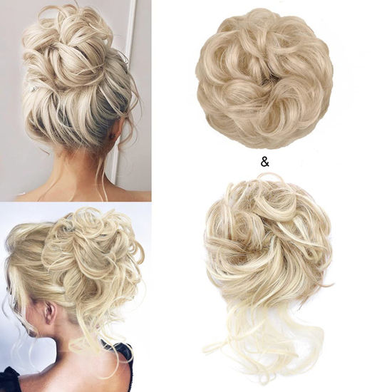 Picture of KETHBE Messy Bun Hair Piece Tousled Updo Hair Buns Extension Elastic Hair Band Hair Pieces Curly Hair Bun Scrunchie For Women (2PCS,Pale Golden Blonde Mix Blonde)