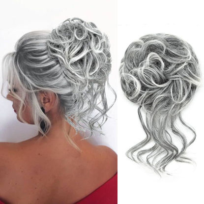 Picture of KETHBE Messy Bun Hair Piece Tousled Updo Hair Buns Extension Elastic Hair Band Hair Pieces Curly Hair Bun Scrunchie For Women (Black Mix Silver Gray)