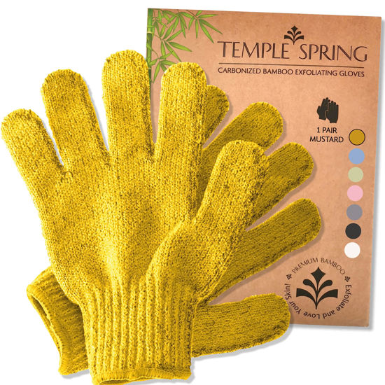 Picture of Temple Spring Exfoliating Gloves - Carbonized Rayon Bamboo Bath/Shower Gloves, Bath Gloves for Shower Exfoliating and Ingrown Hair/Dead Skin Remover - Exfoliator Mitt Scrub Gloves - Mustard Yellow
