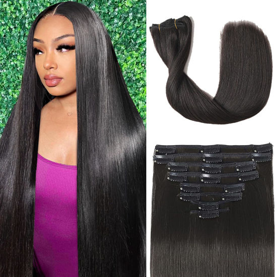 Picture of Tebelove Clip in Hair Extensions Real Human Hair, 100g/3.6oz, Clip in 100% Brazilian Remy Human Hair Extension for Women, Double Weft 8pcs Per Set with 18 Clips 1B Natural Black 16 Inch