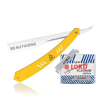 Picture of BEAUTICONE Straight Razor | Professional Barber Razor for men with 100 Single Edge Blades | Straight Edge Razor │slide-out design (White & Yellow Slide-out Razor)