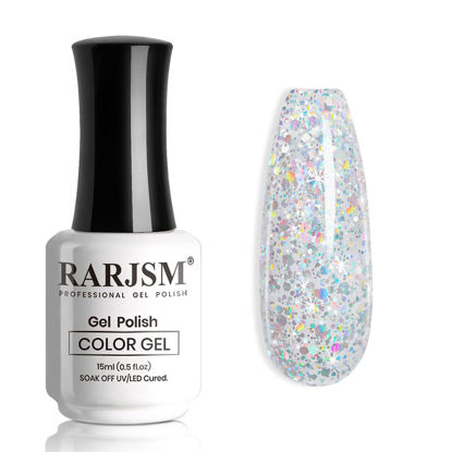 Picture of RARJSM Silver Glitter Gel Nail Polish Diamond Gel Polish Silver White Big Flakes Sparkly Chunky Iridescent Pigments Nail Gel Polish Soak off Led UV Curing Required for Nail Art Salon Manicure