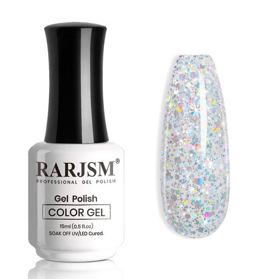 Picture of RARJSM Silver Glitter Gel Nail Polish Diamond Gel Polish Silver White Big Flakes Sparkly Chunky Iridescent Pigments Nail Gel Polish Soak off Led UV Curing Required for Nail Art Salon Manicure