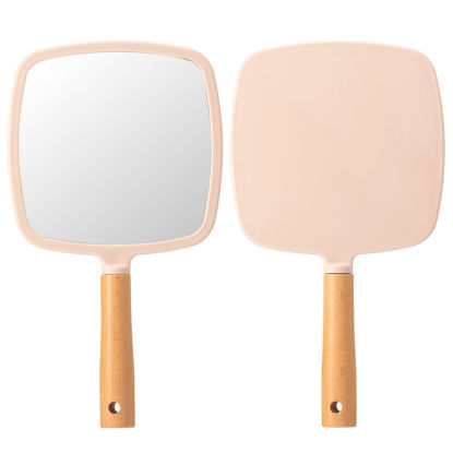Picture of YEAKE Hand Held Mirror with Handle for Makeup,Small Cute Wood Hand Mirror for Shaving with Hole Hanging Single-Sided Portable Travel Vanity Mirror for Men&Women(Square,Pink,1Pack)