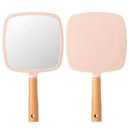Picture of YEAKE Hand Held Mirror with Handle for Makeup,Small Cute Wood Hand Mirror for Shaving with Hole Hanging Single-Sided Portable Travel Vanity Mirror for Men&Women(Square,Pink,1Pack)