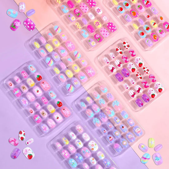 Picture of 168Pcs Press on Nails for Kids Girls, Shynek Kids Fake Nails for Children Pre Glue Stickers Nails Full Cover Short Acrylic Nails Set Gifts for Girls Nail Art Decoration
