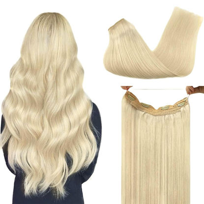 Picture of DOORES Wire Human Hair Extensions, Platinum Blonde 95g 16 Inch, Hair Extensions Real Human Hair Transparent Wire Natural Straight Hairpiece Invisible Hair Extensions