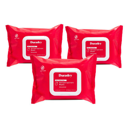 Picture of Duradry Antiperspirant Body Wipes for Men & Women - Anti-Sweat Wipes for Hands and Feet, Neutralizes Odor and Excessive Sweating, Quick-Drying and Travel-Friendly - Unscented, Pack of 3
