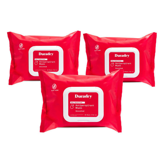 Picture of Duradry Antiperspirant Body Wipes for Men & Women - Anti-Sweat Wipes for Hands and Feet, Neutralizes Odor and Excessive Sweating, Quick-Drying and Travel-Friendly - Unscented, Pack of 3