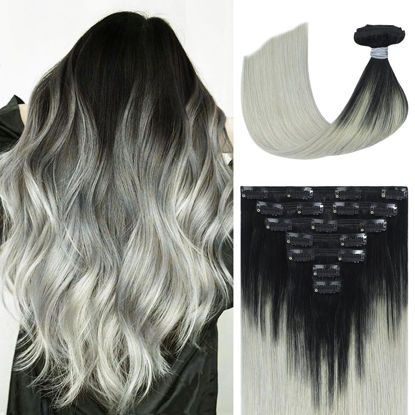 Picture of Ukira Ombre Clip in Hair Extensions Real Human Hair, Natural Black Fading to Gray Hair Extensions, 18 Inch 120g 7pcs Natural Straight Remy Human Hair Clip in Hair Extensions for Women