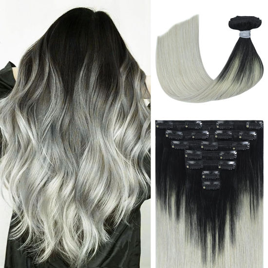 Picture of Ukira Ombre Clip in Hair Extensions Real Human Hair, Natural Black Fading to Gray Hair Extensions, 18 Inch 120g 7pcs Natural Straight Remy Human Hair Clip in Hair Extensions for Women