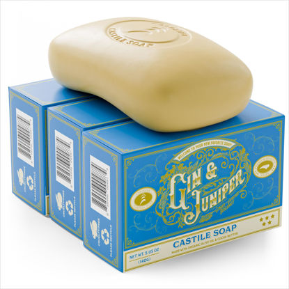 Picture of Carolina Castile Soap Vegan Gin & Juniper Castile Bar Soap - 3 Bars of Natural Soap for Men, Women, and Kids - Gentle, Hydrating Castile Soap Bars with Organic Cocoa Butter and Olive Oil, 5 Oz. Each