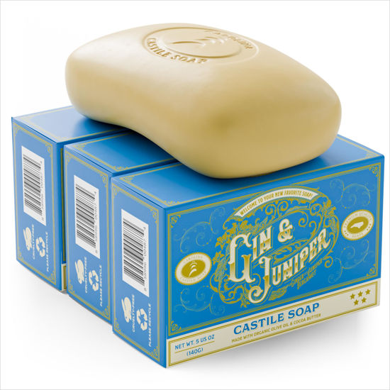 Picture of Carolina Castile Soap Vegan Gin & Juniper Castile Bar Soap - 3 Bars of Natural Soap for Men, Women, and Kids - Gentle, Hydrating Castile Soap Bars with Organic Cocoa Butter and Olive Oil, 5 Oz. Each
