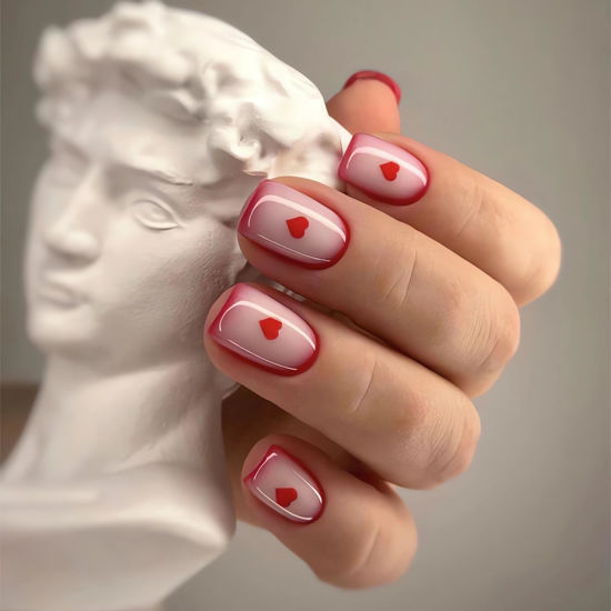 Picture of 24Pcs Valentine’s Day Press on Nails Short Square Fake Nails Red French Tip Glue on Nails Cute False Nail Tips Full Cover Small Hearts Stick on Nails Finger Manicure Decorations Heart Nails for Women