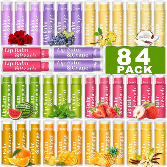 Picture of RBUGR 84 Pack of Lip Balm, 12 Flavored Lip Balms Natural Organic Vitamin E Lip Balm Pack for Dry Cracked Lips, Moisturising Lip Balm Bulk Gifts Stocking Stuffers Party Favors(4.2g/0.15oz)