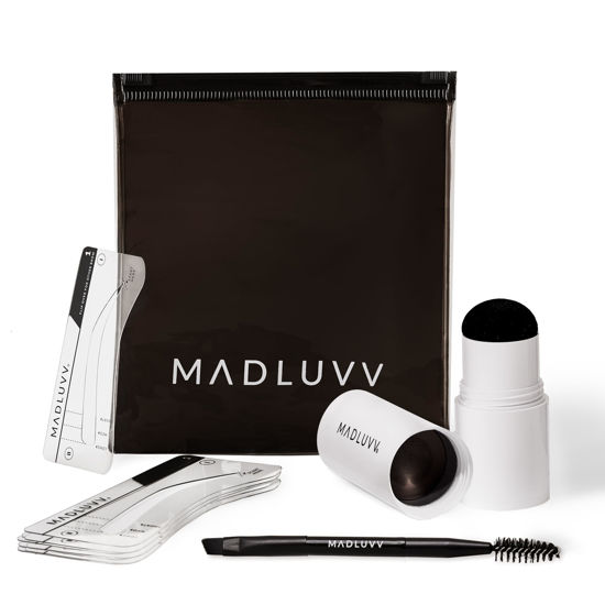 Picture of MADLUVV Eyebrow Stencil Kit - Easy-to-Use, Natural Look, 9 Popular Shapes, Used by Professionals - Includes Stamp, Stencils, Spoolie, and Travel Bag (Nearly Black)