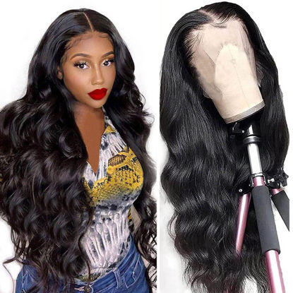Picture of QTHAIR 14A Human Hair Lace Front Wigs Body Wave, 26 Inch 13×4 Brazilian HD Human Hair Lace Wigs, 180% Density Virgin Human Hair Body Wave Wigs for Black Women, Natural Color