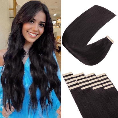 Picture of Tape in Hair Extensions Human Hair, 20pcs 14 Inch Natural Black Remy Hair Extensions Straight Human Hair Tape in Extensions Skin Weft Tape Extensions Human Hair (1B#,14 Inch)