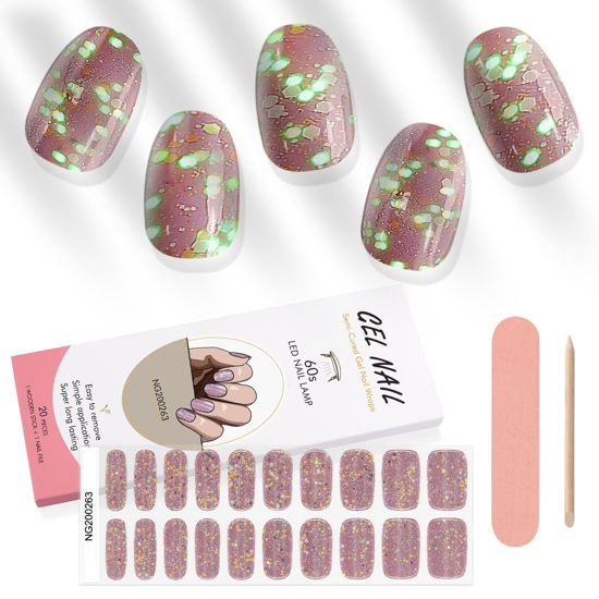 Picture of Kalolary 20PCS Luminous Semi Cured Gel Nail Polish Strips, Glow in the Dark Adhesive Full Wrap Gel Nail Art Sticker, Waterproof Gel Nail Wrap Stickers with Nail File and Stick(Rose Glitter)