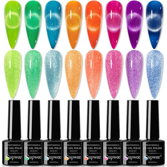 Picture of SUPWEE Neon Cat Eye Gel Polish Set Bright Yellow Green Pink Cateye Nail Polish Gel Magnetic Gel Polish Varnish Soak Off Lamp Gel for Nail Salon or DIY at Home 8 Colors 7ML(0.24FL OZ)