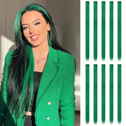 Picture of FESHFEN Green Clip in Hair Extensions, Colored Hair Extension 10 PCS Highlight Hair Piece Colorful Straight Synthetic Clip in Hairpieces for Women Girls Daily Party Christmas, 22 inch