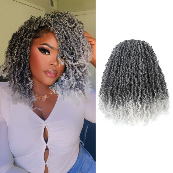 Picture of Toyotress Yanky Twist Crochet Hair - 12 Inch 8 Packs (30 Strands/Pcs) Pre-twisted Fluffy Spring Mini Twist Short Passion Twist, Ombre Gray Pre-Looped Crochet Braids Braiding Hair (12 Inch, T-Gray-8P)