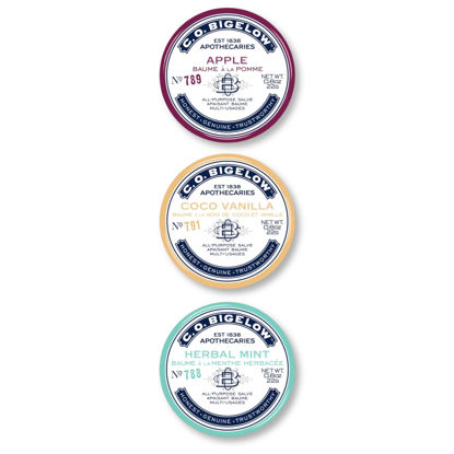 Picture of C.O. Bigelow All Purpose Salves, Variety Pack of 3 Lip Balm Tins for Chapped Lips & Dry Skin, Coco Vanilla, Apple, Herbal Mint Moisturizing Lip and Skin Salves, 0.8 oz each