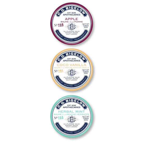 Picture of C.O. Bigelow All Purpose Salves, Variety Pack of 3 Lip Balm Tins for Chapped Lips & Dry Skin, Coco Vanilla, Apple, Herbal Mint Moisturizing Lip and Skin Salves, 0.8 oz each