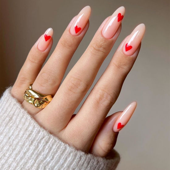 Picture of Heart Press on Nails Medium Almond Fake Nails with Design Valentines Red Glue on Nails White Stick on Nails Glossy Reusable Heart False Nails for Women Girls Daily Wear Manicure 24pcs
