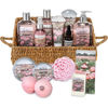 Picture of Bath Spa Gift Sets - Luxury Basket With Rose Oil & Peony - Spa Kit Includes Wash, Bubble Bath, Lotion, Bath Salts, Body Scrub, Body Spray, Shower Puff, Bathbombs, Soap and Towel