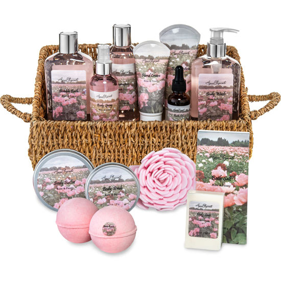Picture of Bath Spa Gift Sets - Luxury Basket With Rose Oil & Peony - Spa Kit Includes Wash, Bubble Bath, Lotion, Bath Salts, Body Scrub, Body Spray, Shower Puff, Bathbombs, Soap and Towel