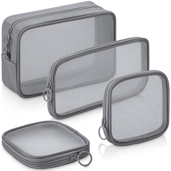 Picture of Weewooday 4 Pcs Mesh Makeup Bag Mesh Cosmetic Bag Travel Toiletry Bag Pouch with Zipper Mini Portable Makeup Cosmetic Travel Toiletry Purse Bag for Daily Accessories (Gray,Small, Large, Medium)