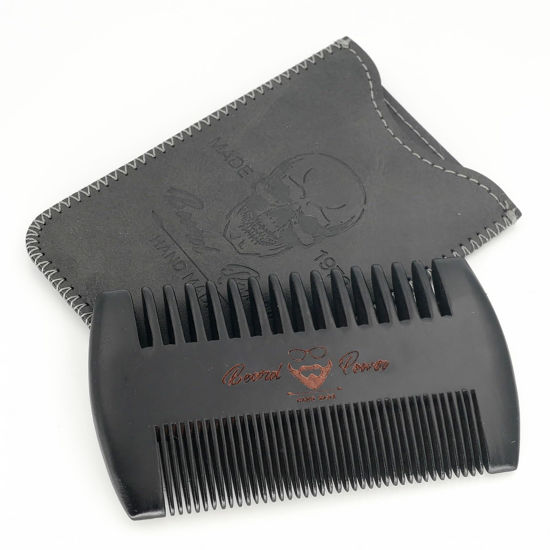 Picture of Menesia Black Wooden Beard Comb with Case for Men, Men's Wood Pocket Comb for Beards & Mustaches & Hair, Black Skull Design