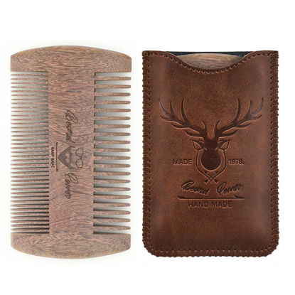 Picture of Menesia Sandalwood Beard Comb with Case - Fine & Coarse Teeth, Wooden Pocket Comb for Beards, Mustaches & Hair, Brown Skull Design