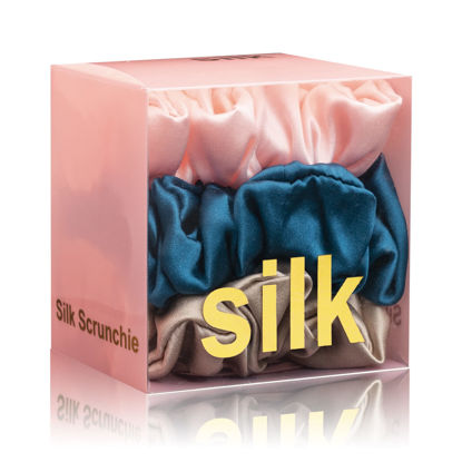 Picture of Silk Scrunchies for Hair 100% Mulberry Silk Hair Ties 3 Pack(Pink, Peacock Blue, Apricot)