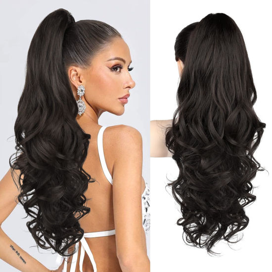 Picture of REECHO Ponytail Extension, 24" Claw Clip in Ponytail Extension Long Curly Wavy Ponytail Hair Extension Jaw Clip on Pony Tails Hairpiece for Women - Black Brown