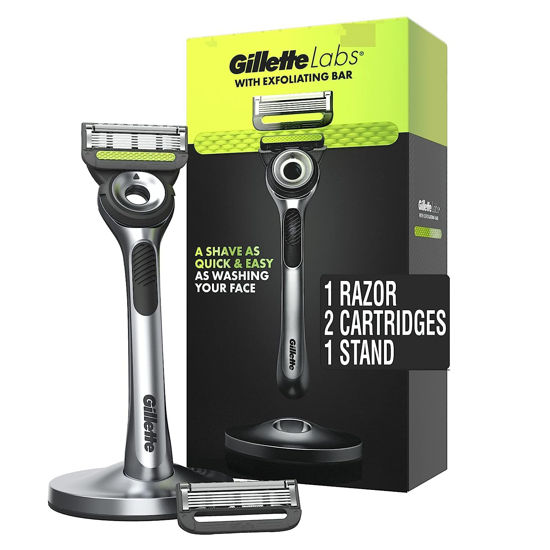 Picture of Gillette Labs Mens Razor with Exfoliating Bar, Shaving Kit for Men, Includes 1 Handle, 2 Razor Blade Refills, 1 Premium Magnetic Stand