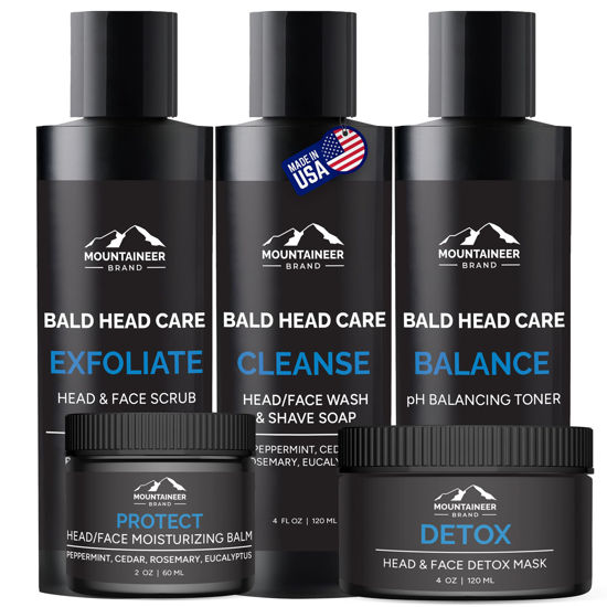 Picture of Mountaineer Brand Ultimate Bald Head Care Gifts Bundle For Men | All Natural 5 Step Skin Care for Healthy Scalp & Face | Exfoliate Scrub | Cleanse Wash | Shine Away | Moisturizing Balm | Detox