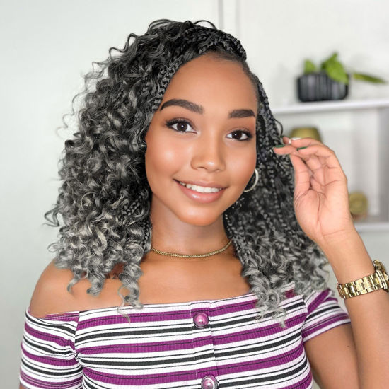 Picture of Yewell Goddess Box Braids Crochet Hair 10 Inch Boho Crochet Box Braids, 9 Packs Boho Box Braids Crochet Hair For Black Women Pre Looped Box Braids Crochet Hair (10Inch 9 Packs,TGrey)