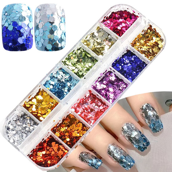 Picture of Mermaid Glitter Nail Art Sequins, 12 Colors Hexagon Shape Glitter Flakes Design, Holographic 3D Sparkly Acrylic Nails Supplies for Women Girls Manicure Shiny Decorations, DIY Resin Nail Art Tips