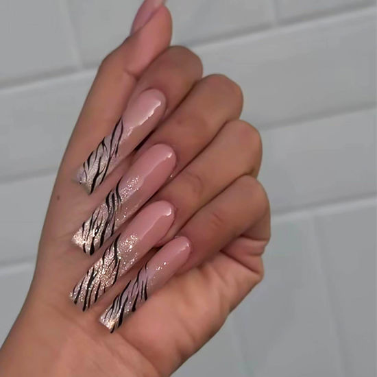Picture of RUOKEXIN Long Square Press on Nails French Tip Fake Nails Silver Glitter False Nails with Silver Ripple Designs Long Square Glue on Nails Sparkly Artificial Nails Cute Stick on Nails for Women 24Pcs