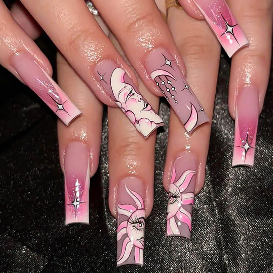 Picture of RUOKEXIN Long Square Press on Nails Pink Ombre Fake Nails White French Tip False Nails with Sun Moon Designs Pink Glitter Artificial Nails Glossy Glue on Nails Cute Stick on Nails for Women 24Pcs