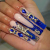 Picture of RUOKEXIN Long Square Press on Nails French Tip Fake Nails Blue False Nails with Gold Charms Designs Sparkly Artificial Nails Long Square Glue on Nails Cute Stick on Nails for Women 24Pcs