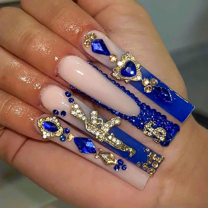 Picture of RUOKEXIN Long Square Press on Nails French Tip Fake Nails Blue False Nails with Gold Charms Designs Sparkly Artificial Nails Long Square Glue on Nails Cute Stick on Nails for Women 24Pcs