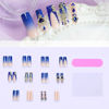 Picture of RUOKEXIN Long Square Press on Nails French Tip Fake Nails Blue False Nails with Gold Charms Designs Sparkly Artificial Nails Long Square Glue on Nails Cute Stick on Nails for Women 24Pcs