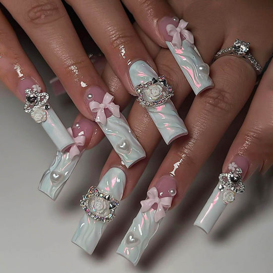 Picture of RUOKEXIN Long Square Press on Nails French Tip Fake Nails Blue False Nails with 3D Flower Bow Heart Designs Long Square Glue on Nails Sparkly Artificial Nails Cute Stick on Nails for Women 24Pcs