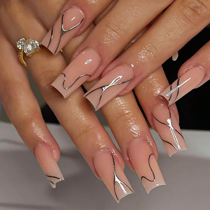 Picture of RUOKEXIN Long Press on Nails Square Fake Nails Nude False Nails with Silver Lines Designs Long Square Nail Press ons Long Glue on Nails Sparkly Artificial Nails Cute Stick on Nails for Women 24Pcs