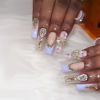 Picture of RUOKEXIN Long Press on Nails Coffin Fake Nails Blue French Tip False Nails with 3D Gold Butterfly Rhinestones Designs Glossy Glue on Nails Artificial Nails Summer Stick on Nails for Women 24Pcs