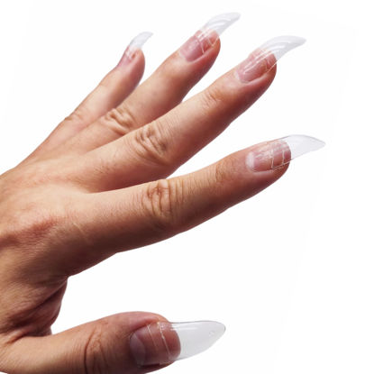 Picture of NOVO OVO Nail Tips Curved Stiletto, Clear Gel x Extension kit Half Covel to Make Press on 3D Eagle Claw nails, Thick Extra Hawk Deep Curve Almond French Tips Soft False Fake Acrylic Nail 504pc 12 Size